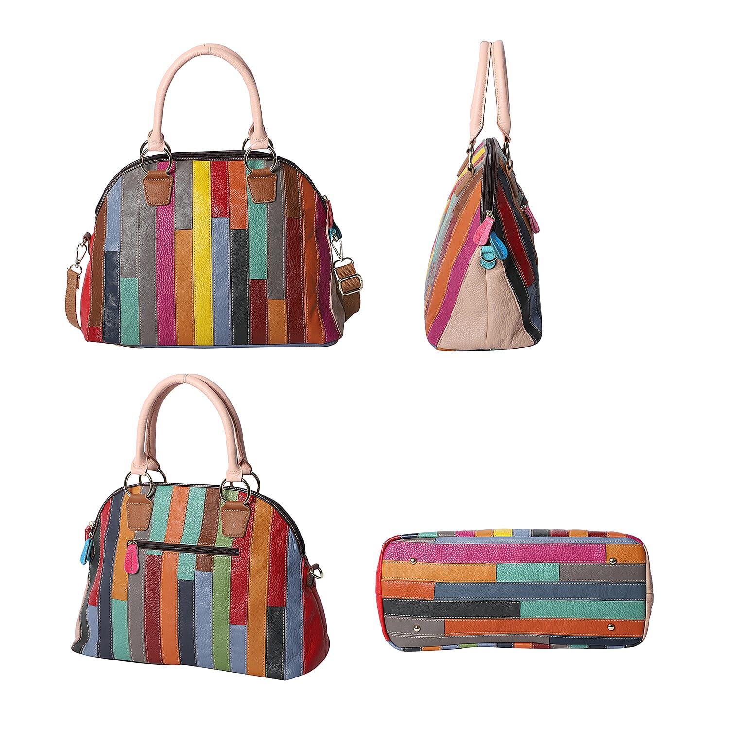 100% Genuine Leather Stripe-Pattern Handbag with Detachable Shoulder Strap (Size 37x16x28cm) - Multi Colour
