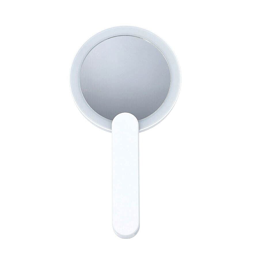 Handheld Battery Operated LED Makeup Mirror with Rotary Handle (Size 20x11Cm, Dia: 33cm) - White