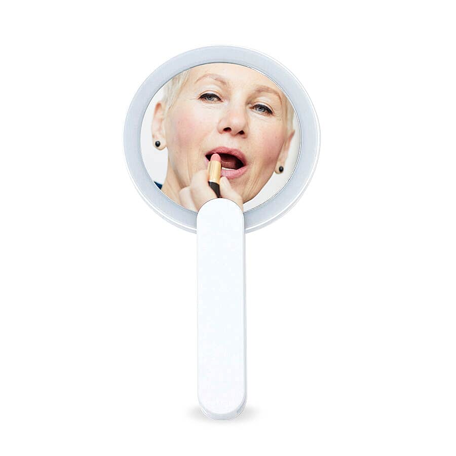 Handheld Battery Operated LED Makeup Mirror with Rotary Handle (Size 20x11Cm, Dia: 33cm) - White