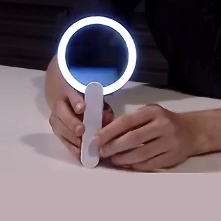 Handheld Battery Operated LED Makeup Mirror with Rotary Handle (Size 20x11Cm, Dia: 33cm) - White