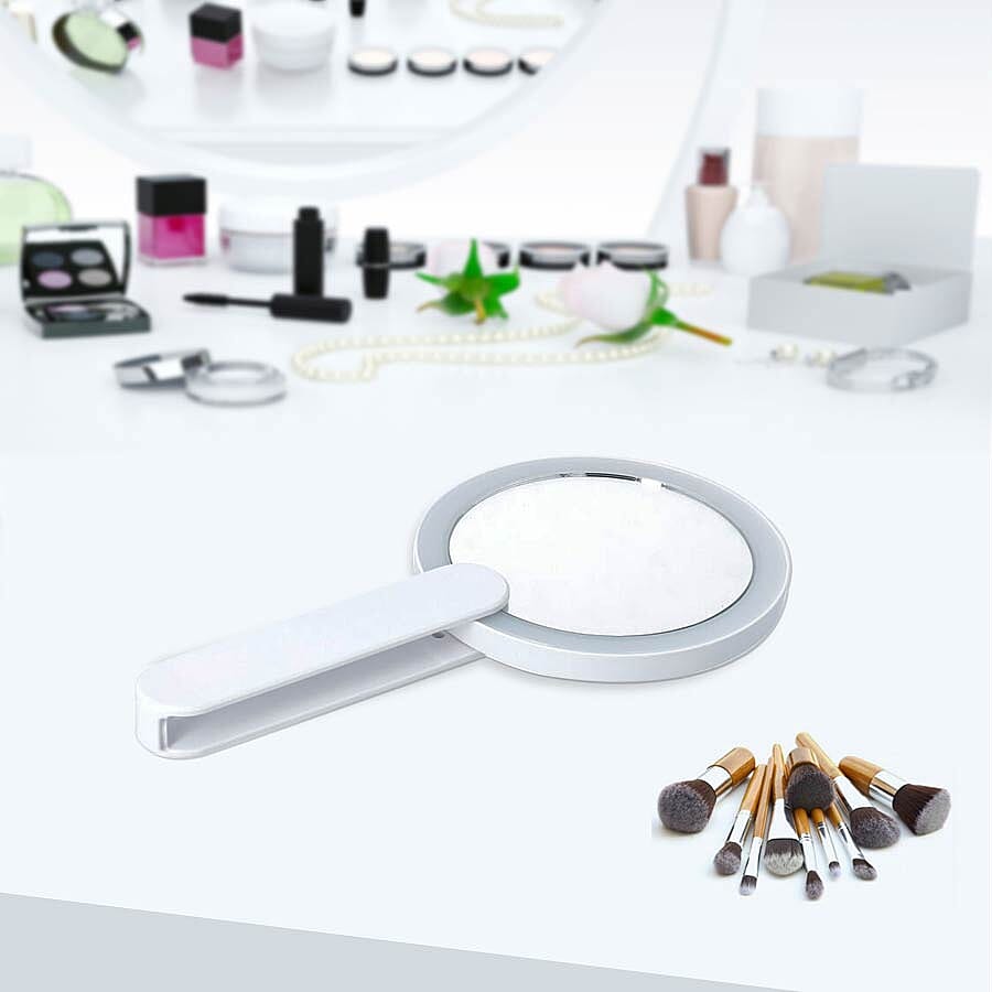 Handheld Battery Operated LED Makeup Mirror with Rotary Handle (Size 20x11Cm, Dia: 33cm) - White
