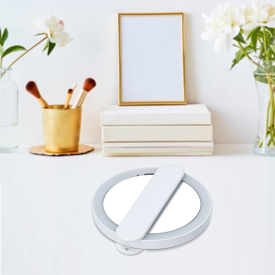 Handheld Battery Operated LED Makeup Mirror with Rotary Handle (Size 20x11Cm, Dia: 33cm) - White