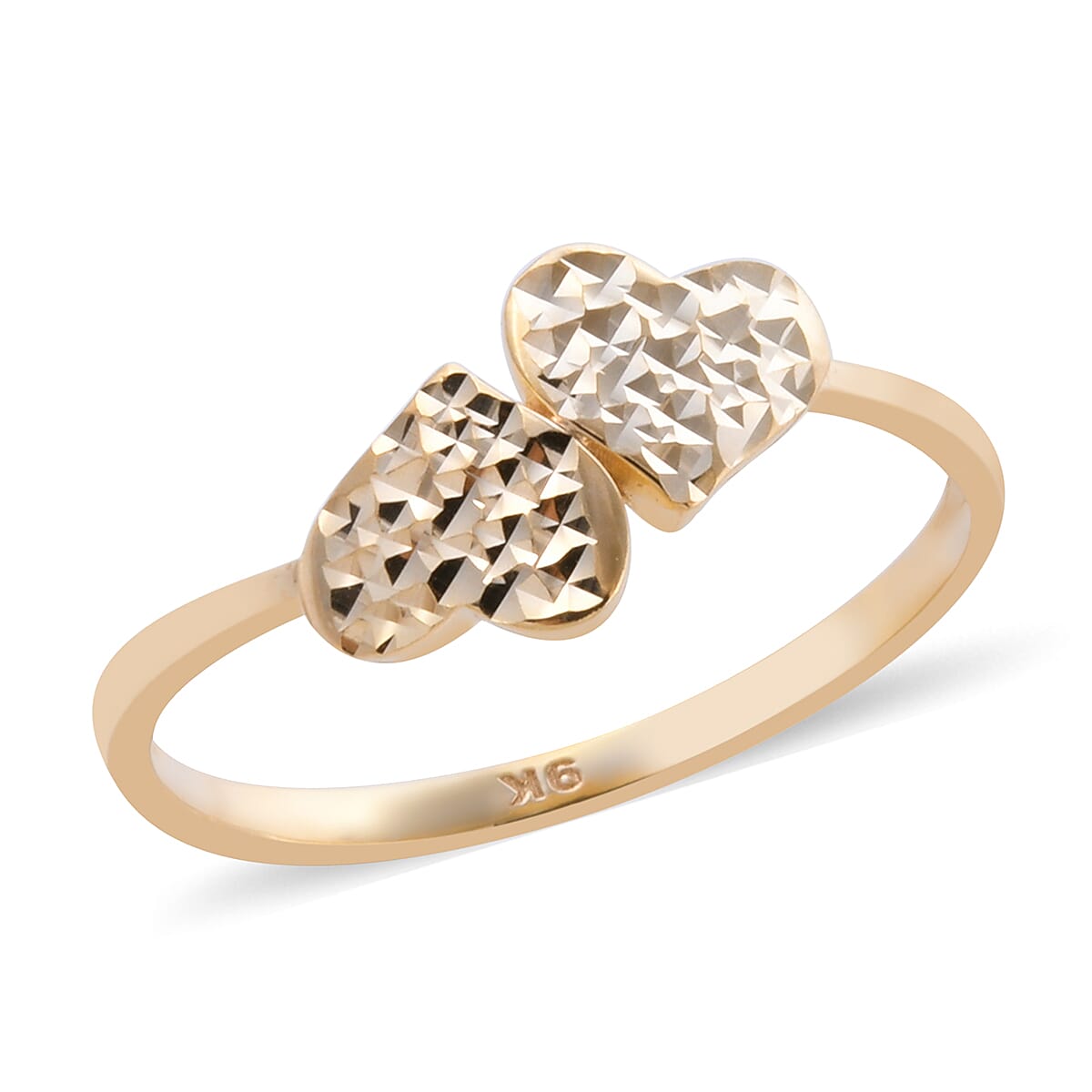 Royal Bali Collection - 9K Yellow Gold Diamond Cut Double Heart Ring