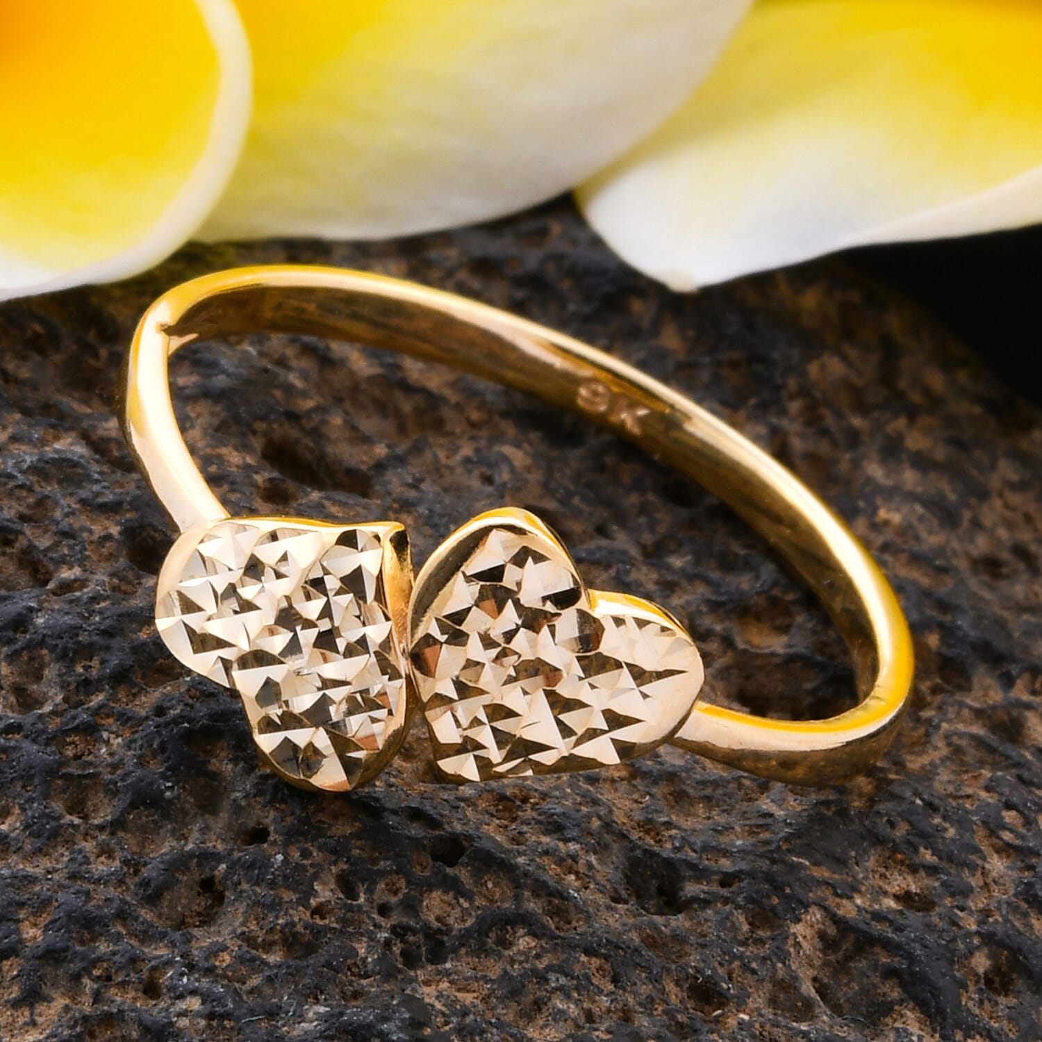 Royal Bali Collection - 9K Yellow Gold Diamond Cut Double Heart Ring