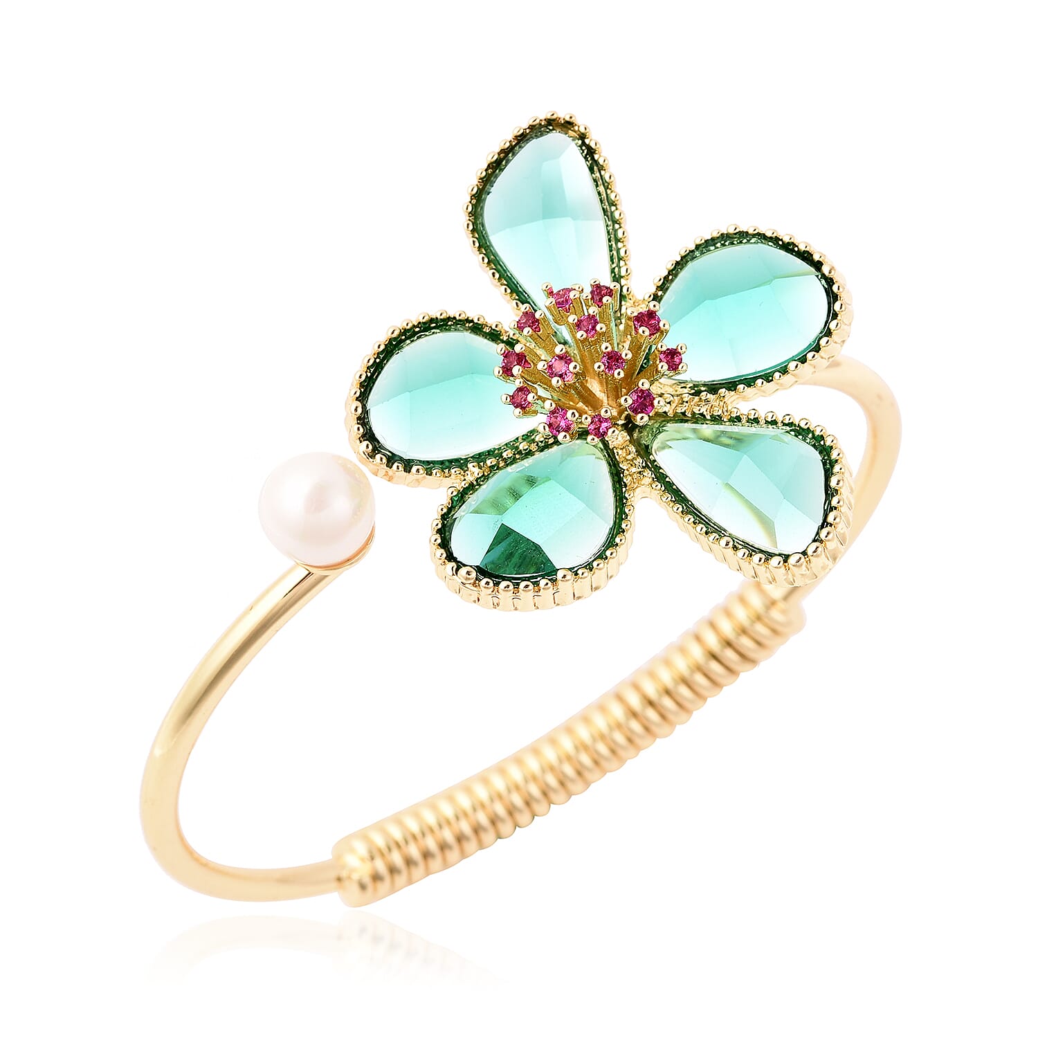 Fuchsia Colour Austrian Crystal, Simulated Emerald and White Shell Pearl Floral Cuff Bangle (Size 7.5) in Yellow Gold Tone