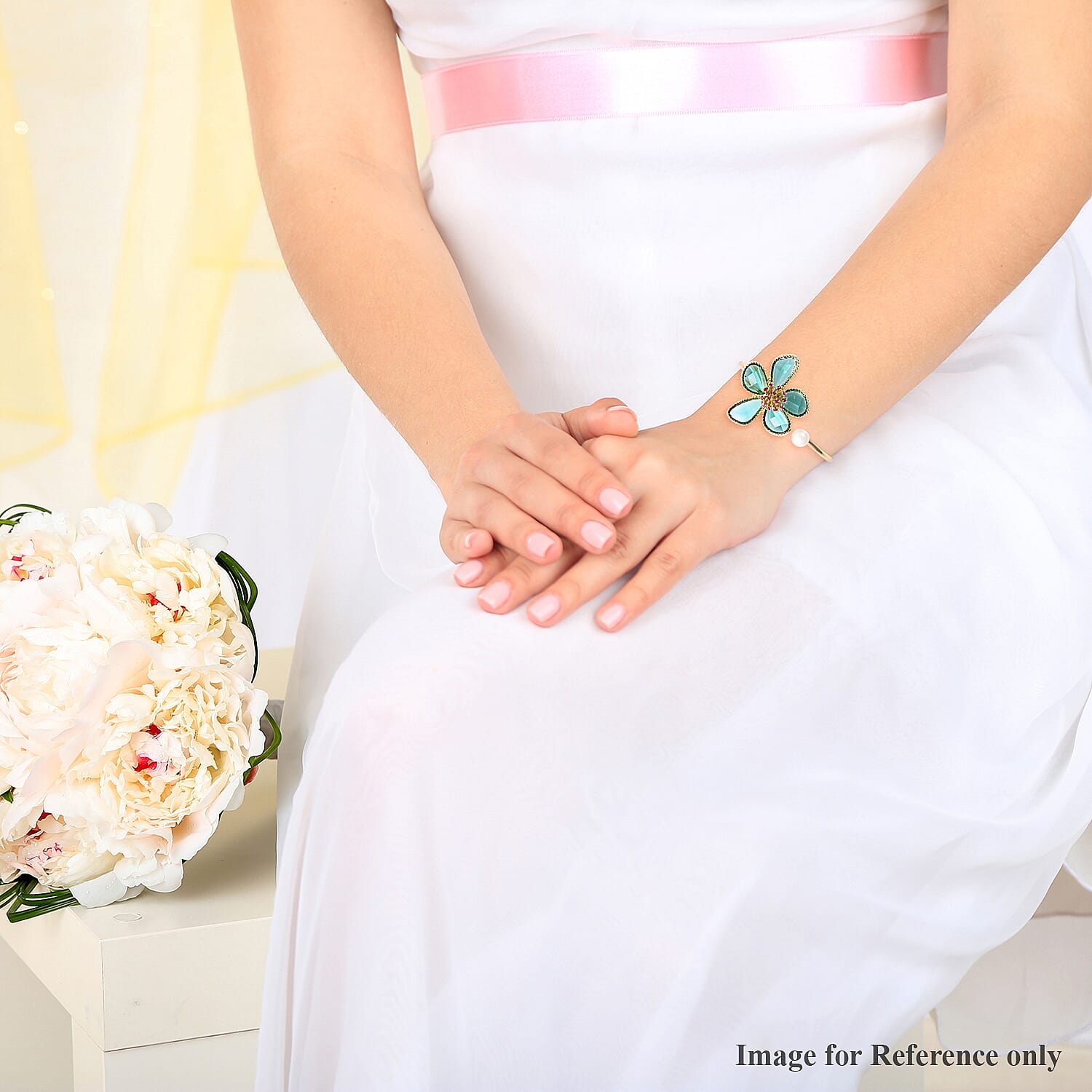 Fuchsia Colour Austrian Crystal, Simulated Emerald and White Shell Pearl Floral Cuff Bangle (Size 7.5) in Yellow Gold Tone