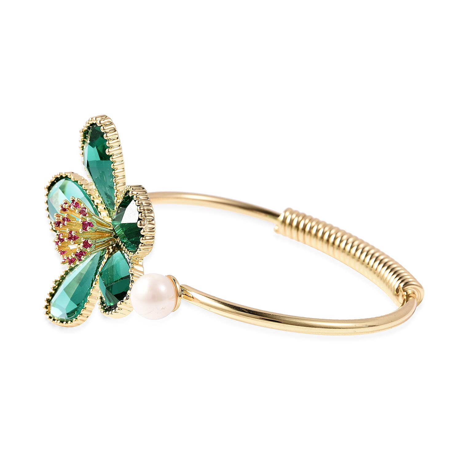 Fuchsia Colour Austrian Crystal, Simulated Emerald and White Shell Pearl Floral Cuff Bangle (Size 7.5) in Yellow Gold Tone