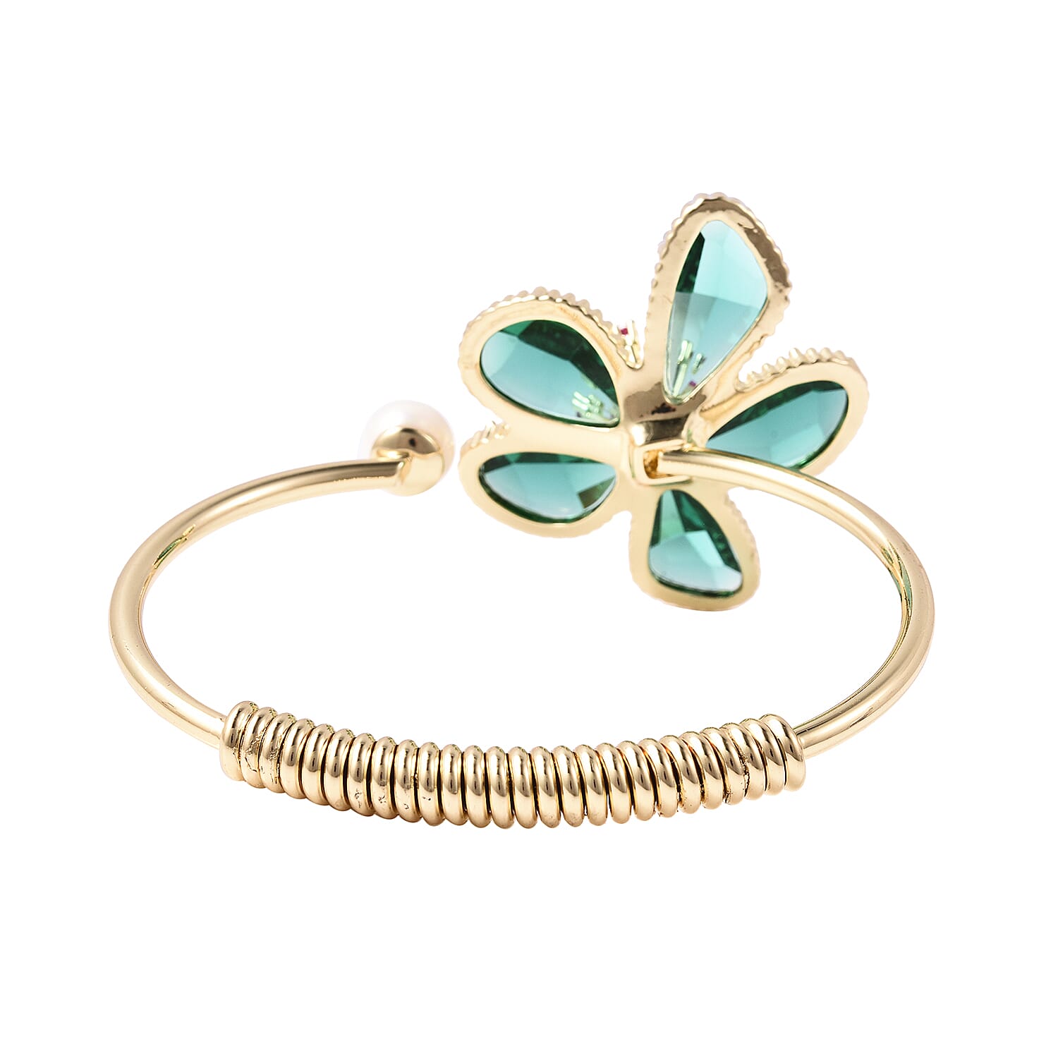 Fuchsia Colour Austrian Crystal, Simulated Emerald and White Shell Pearl Floral Cuff Bangle (Size 7.5) in Yellow Gold Tone