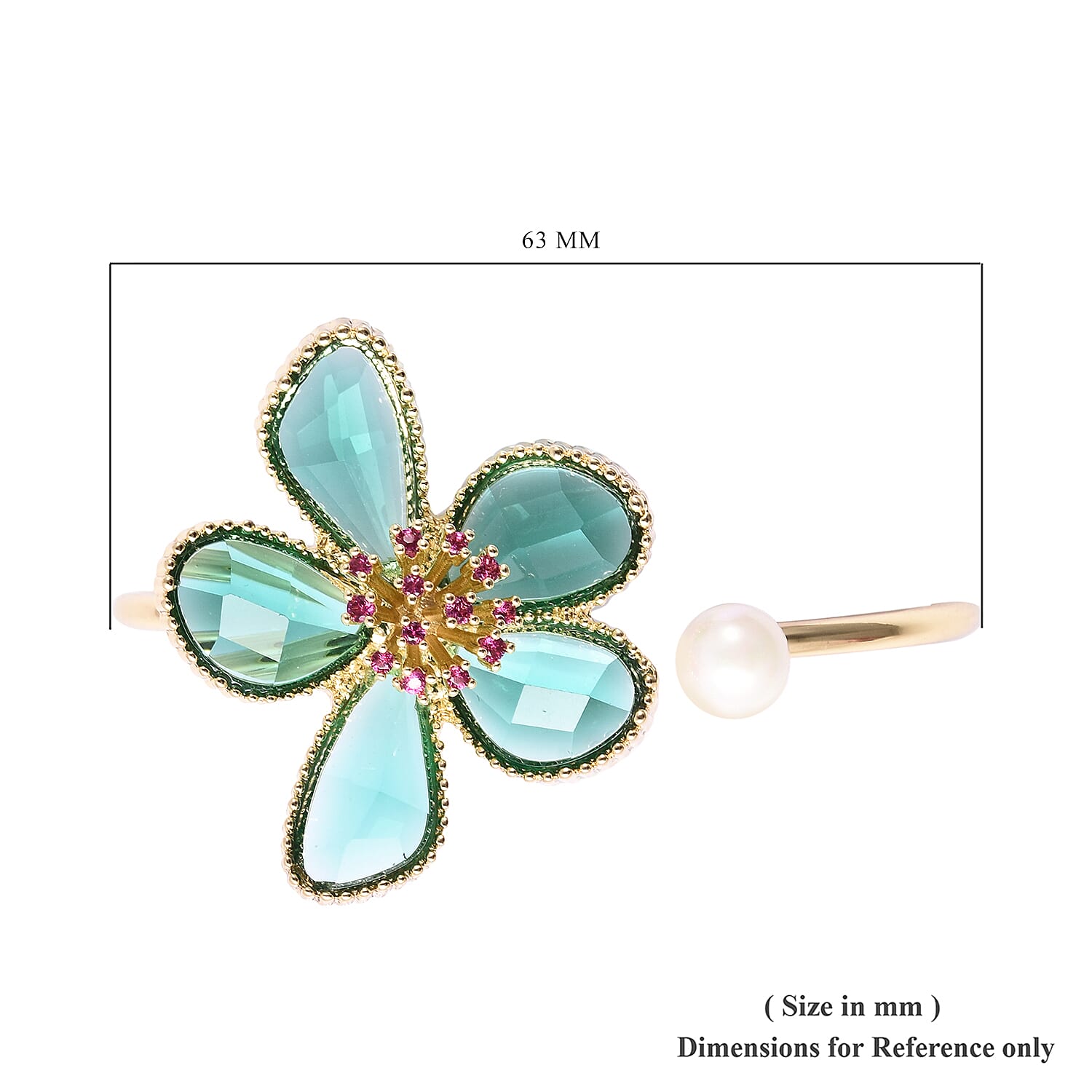 Fuchsia Colour Austrian Crystal, Simulated Emerald and White Shell Pearl Floral Cuff Bangle (Size 7.5) in Yellow Gold Tone