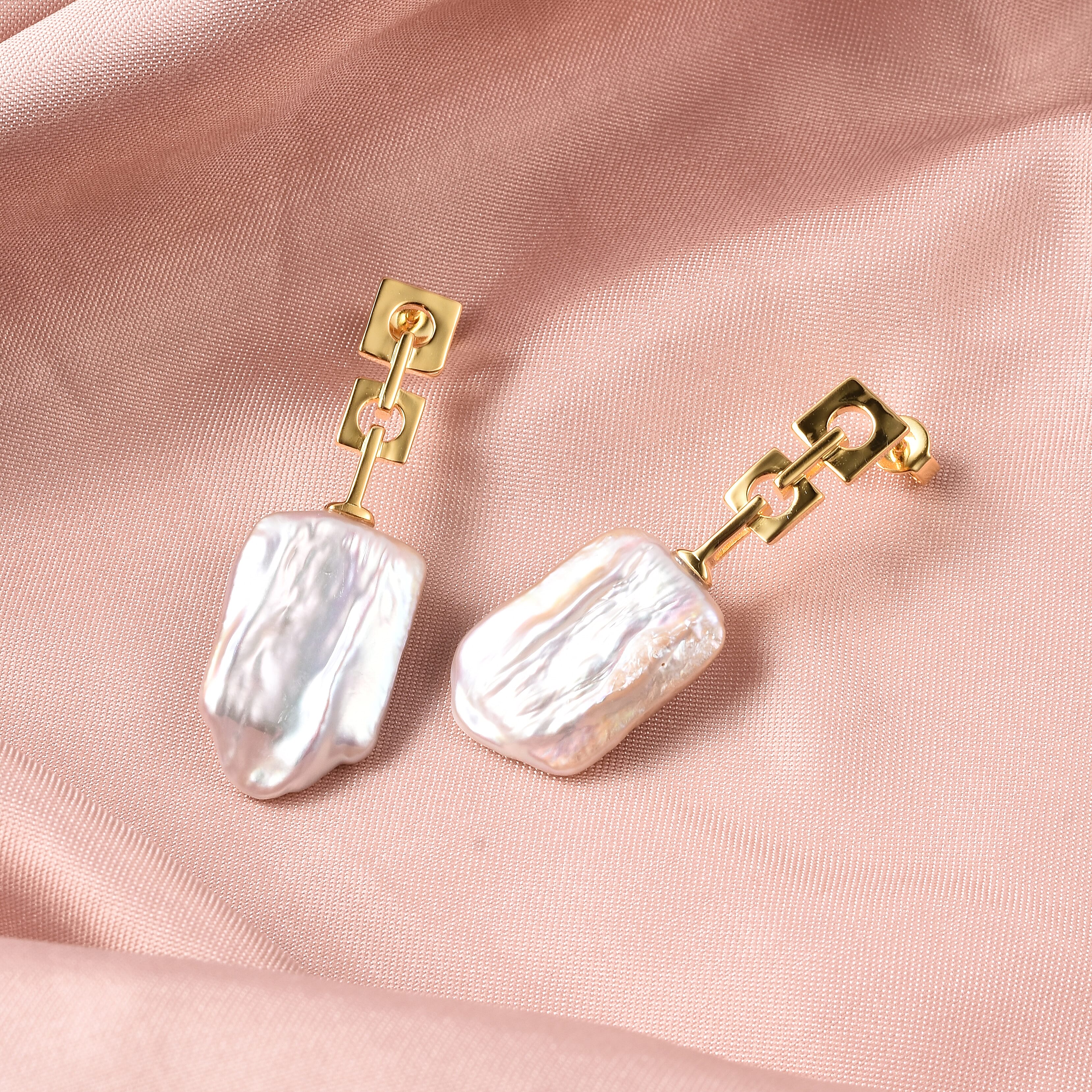 Baroque Pearl Drop Earrings (with Push Back) in Yellow Gold Overlay Sterling Silver