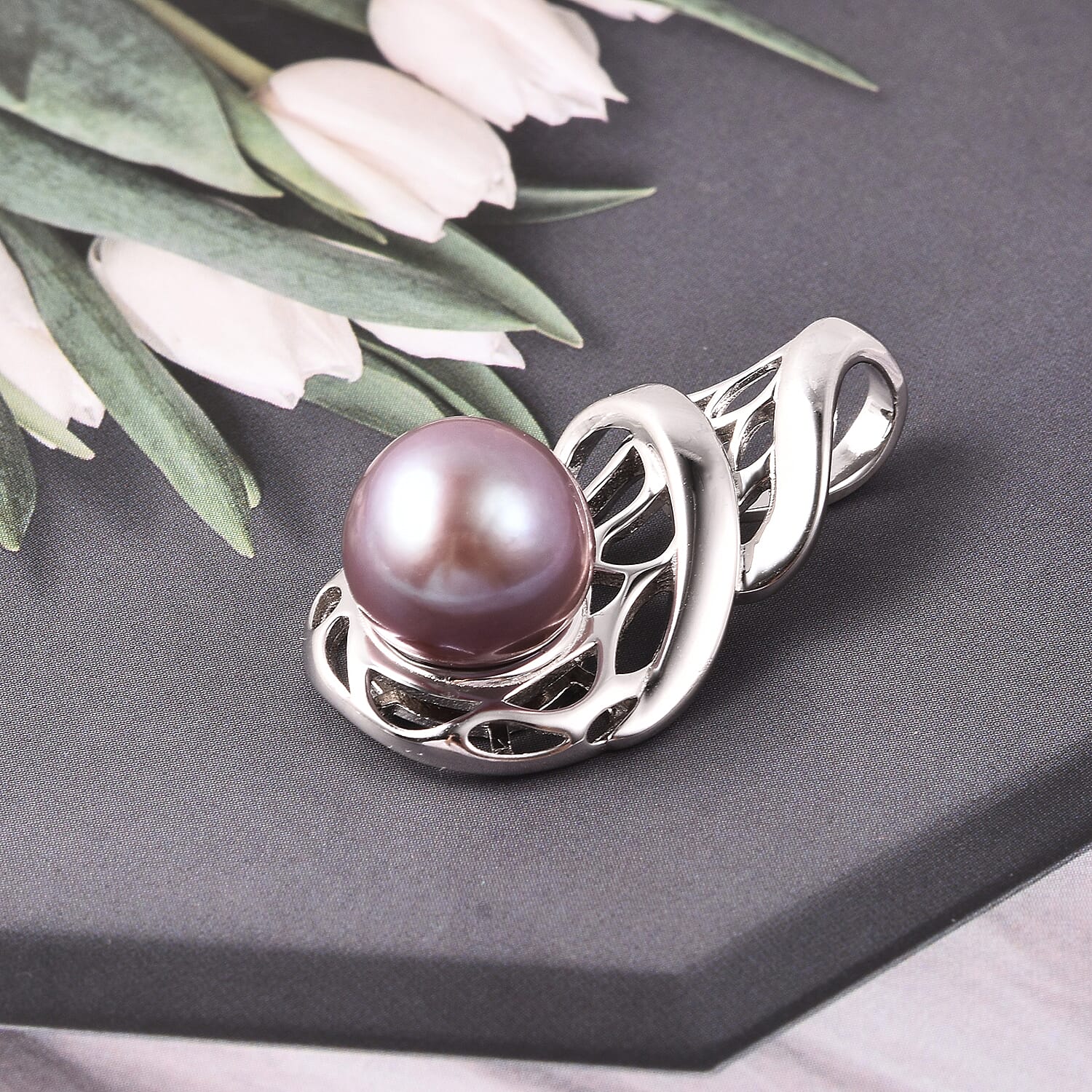 Purple Edison Pearl Pendant in Rhodium Overlay Sterling Silver
