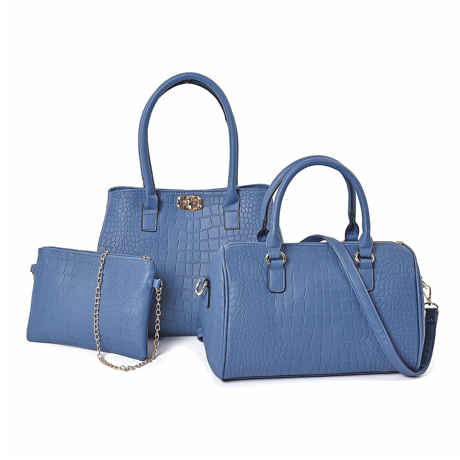 Set of 3 - Crocodile Skin Pattern Tote Bag (34x26x13.5cm), Satchel Bag with Detachable Shoulder Strap (30x21x13cm) and Crossbody Bag with Metallic Chain Strap (24x16cm) - Black