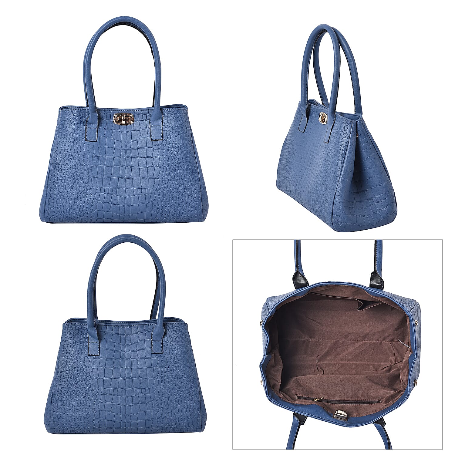 Set of 3 - Crocodile Skin Pattern Tote Bag (34x26x13.5cm), Satchel Bag with Detachable Shoulder Strap (30x21x13cm) and Crossbody Bag with Metallic Chain Strap (24x16cm) - Black