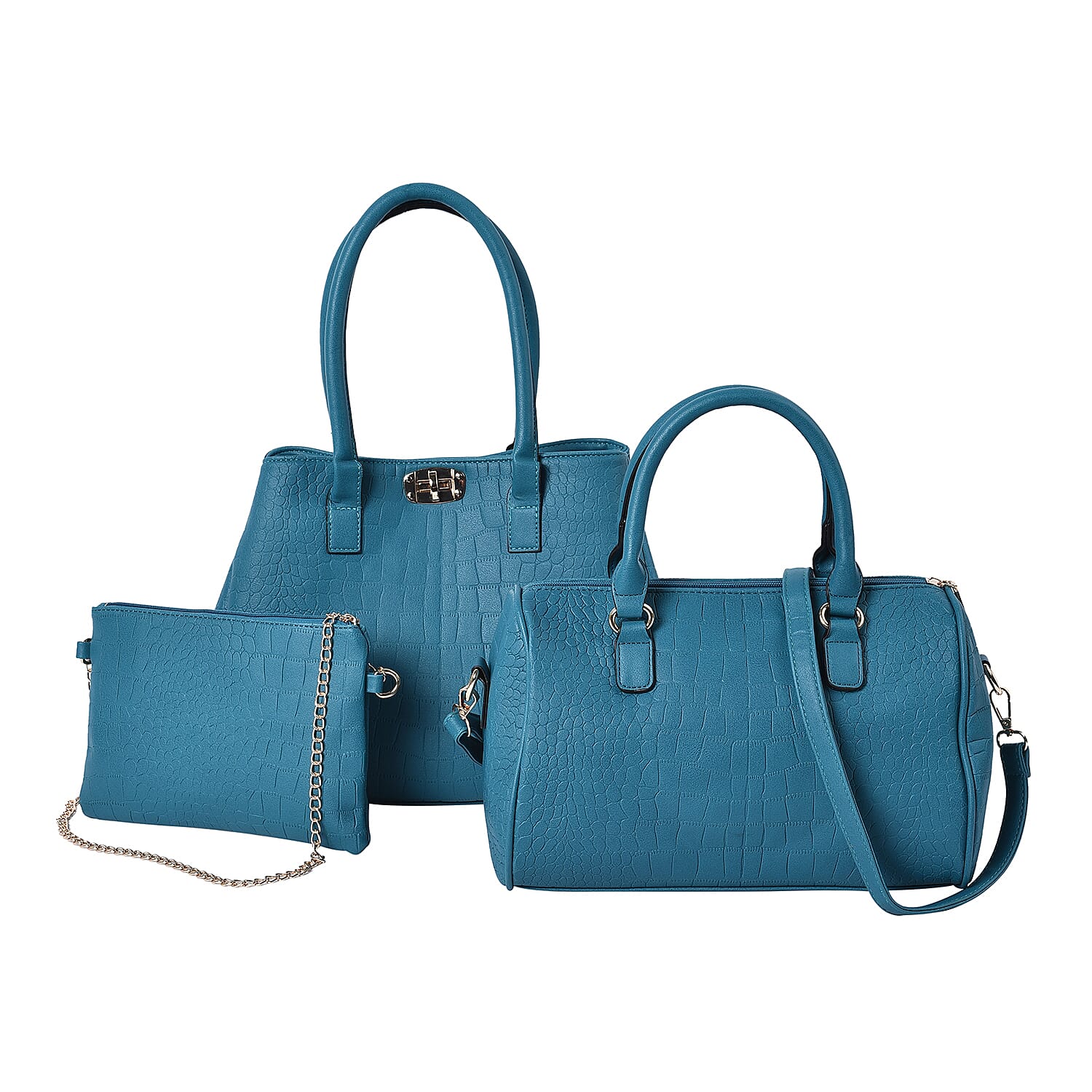 Set of 3 - Crocodile Skin Pattern Tote Bag (34x26x13.5cm), Satchel Bag with Detachable Shoulder Strap (30x21x13cm) and Crossbody Bag with Metallic Chain Strap (24x16cm) - Purple