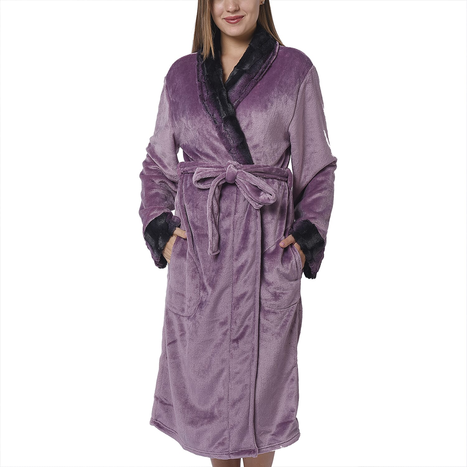 Lilac Colour Plush Long Robe with Faux Fur Collar (64x115cm)