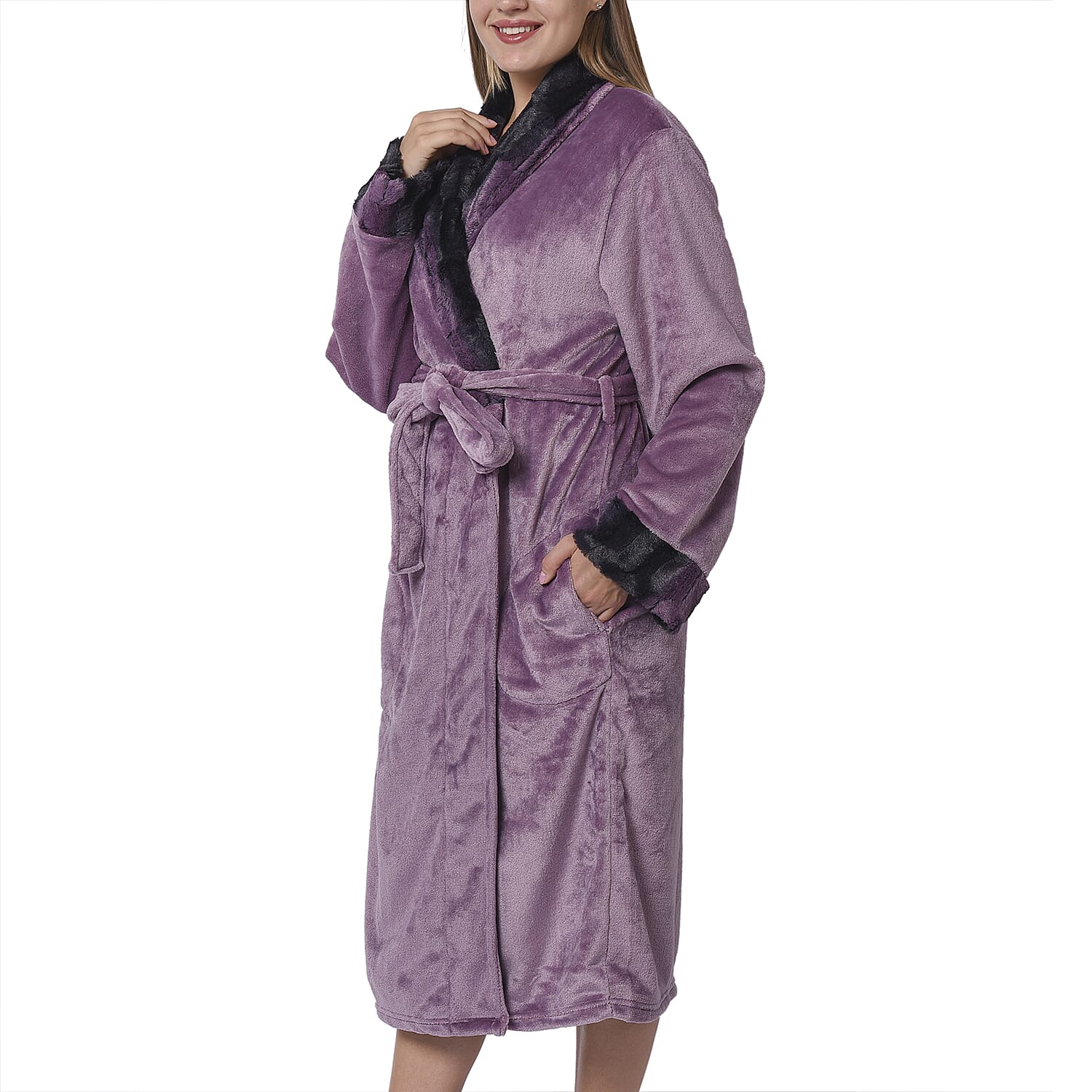 Lilac Colour Plush Long Robe with Faux Fur Collar (64x115cm)