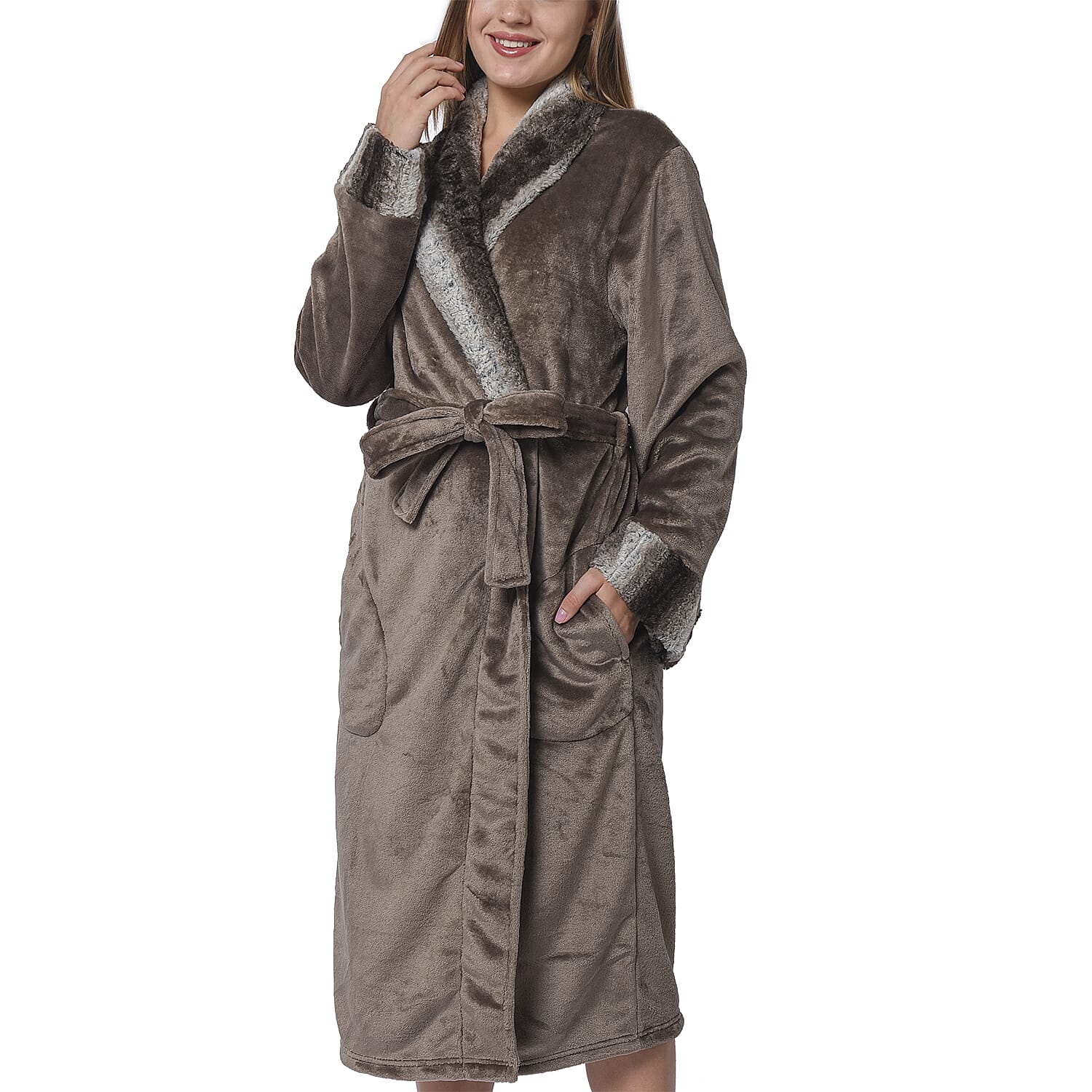 Mocha Colour Plush Long Robe with Faux Fur Collar (64x115cm)