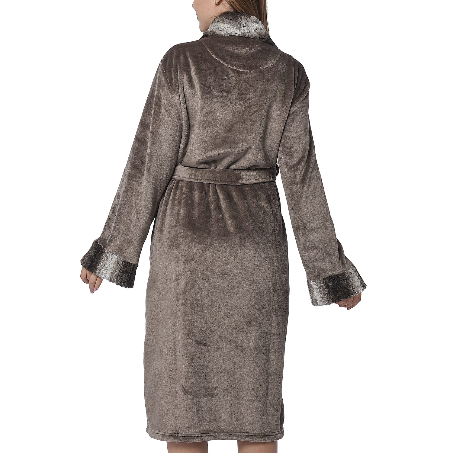 Mocha Colour Plush Long Robe with Faux Fur Collar (64x115cm)