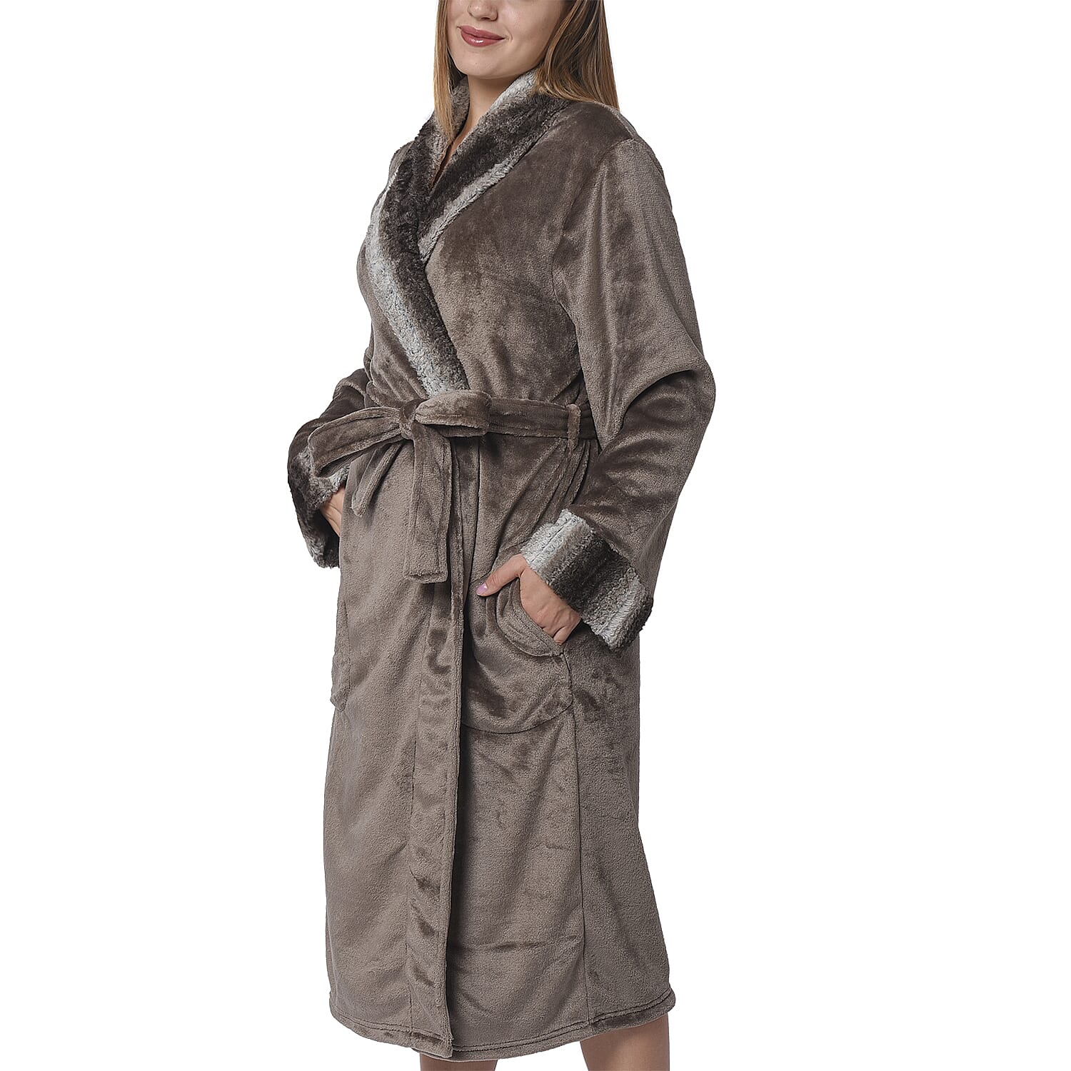 Mocha Colour Plush Long Robe with Faux Fur Collar (64x115cm)