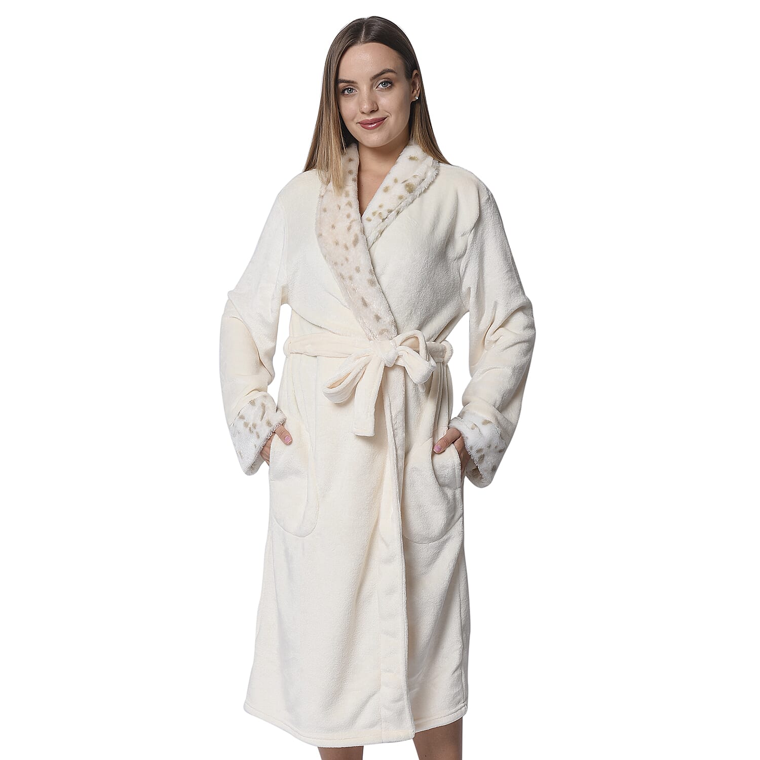 Ivory Colour Plush Long Robe with Faux Fur Collar (64x115cm)