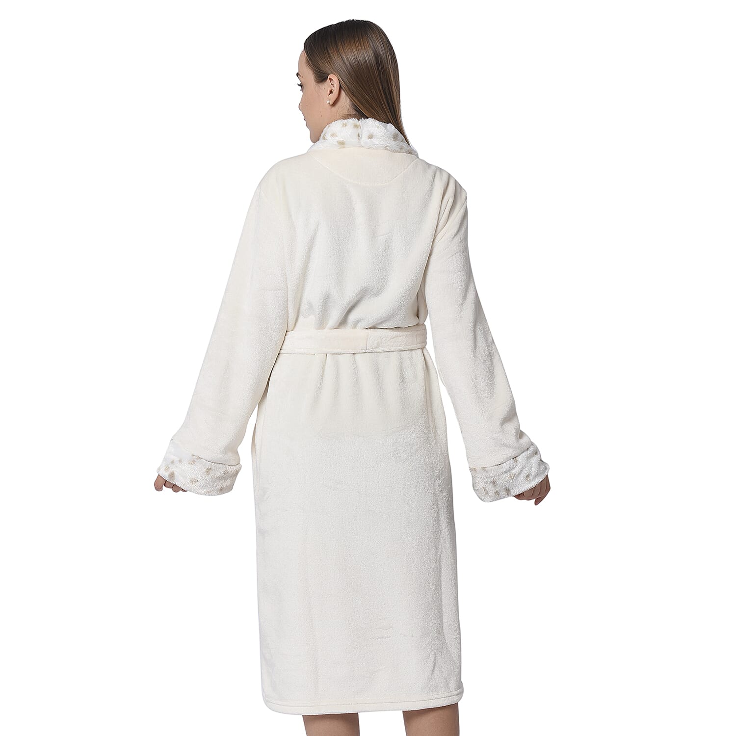 Ivory Colour Plush Long Robe with Faux Fur Collar (64x115cm)