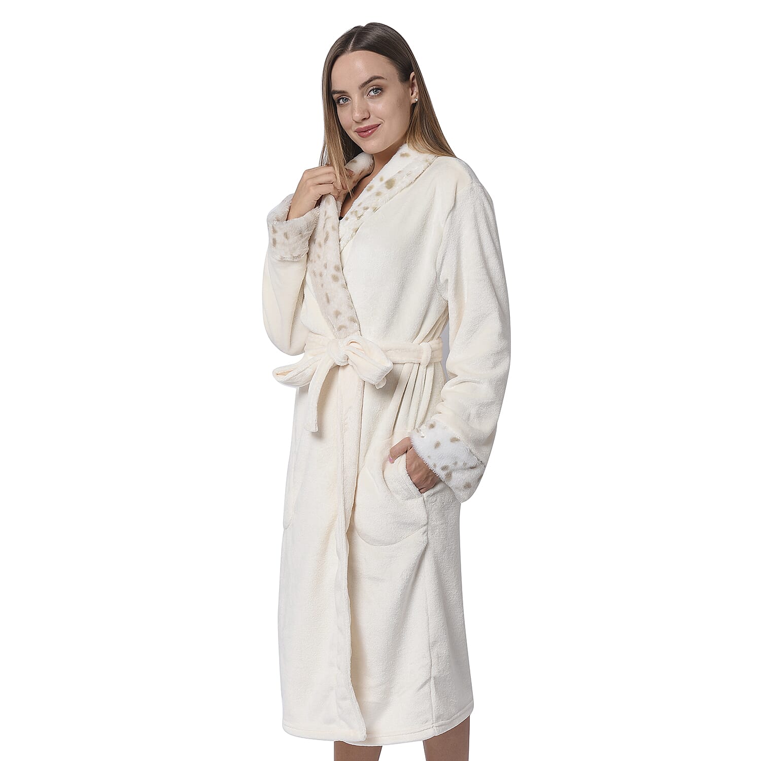 Ivory Colour Plush Long Robe with Faux Fur Collar (64x115cm)