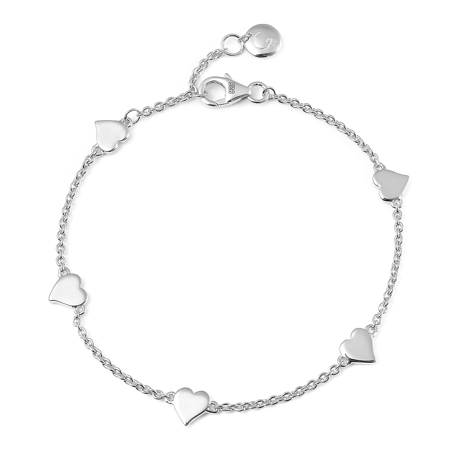 RACHEL GALLEY Heart Collection - Rhodium Overlay Sterling Silver Heart Station Adjustable Bracelet with Lobster Clasp (Size 7 - 1 Ext)