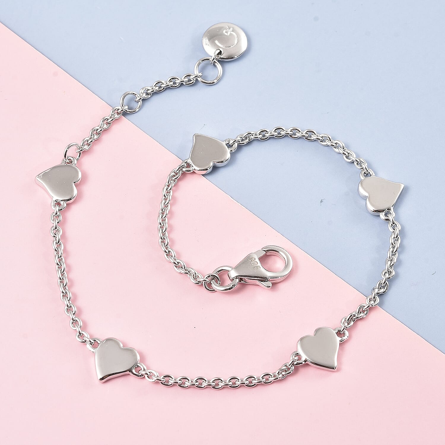 RACHEL GALLEY Heart Collection - Rhodium Overlay Sterling Silver Heart Station Adjustable Bracelet with Lobster Clasp (Size 7 - 1 Ext)