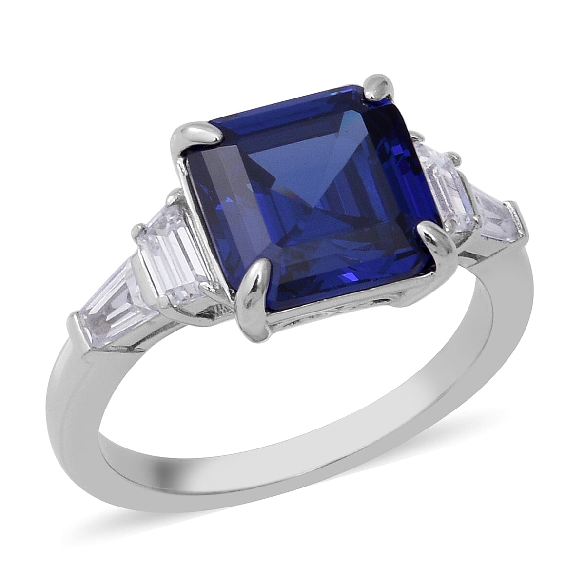 Signature Collection-Asscher Cut Cubic Zirconia Tanzanite (8.00 Ct) and Cubic Zirconia in Sterling Silver Ring 9.500  Ct.