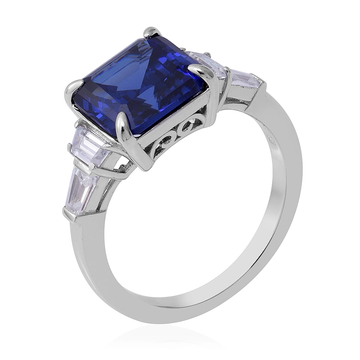 Signature Collection-Asscher Cut Cubic Zirconia Tanzanite (8.00 Ct) and Cubic Zirconia in Sterling Silver Ring 9.500  Ct.