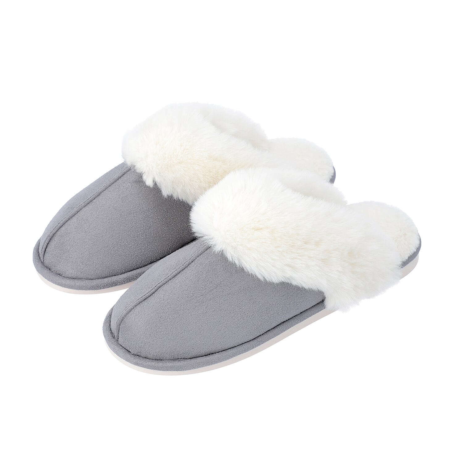 Super Soft Suedette Home Slippers with Faux Fur (Size L: 7-8) - Grey