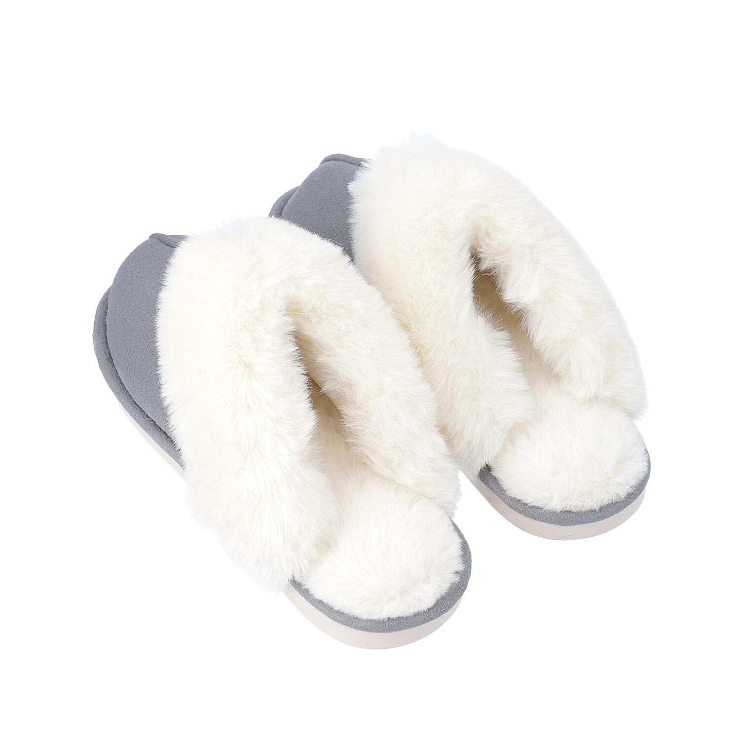 Super Soft Suedette Home Slippers with Faux Fur (Size L: 7-8) - Grey