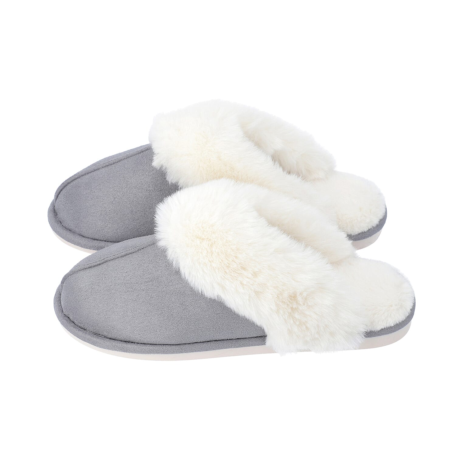 Super Soft Suedette Home Slippers with Faux Fur (Size L: 7-8) - Grey