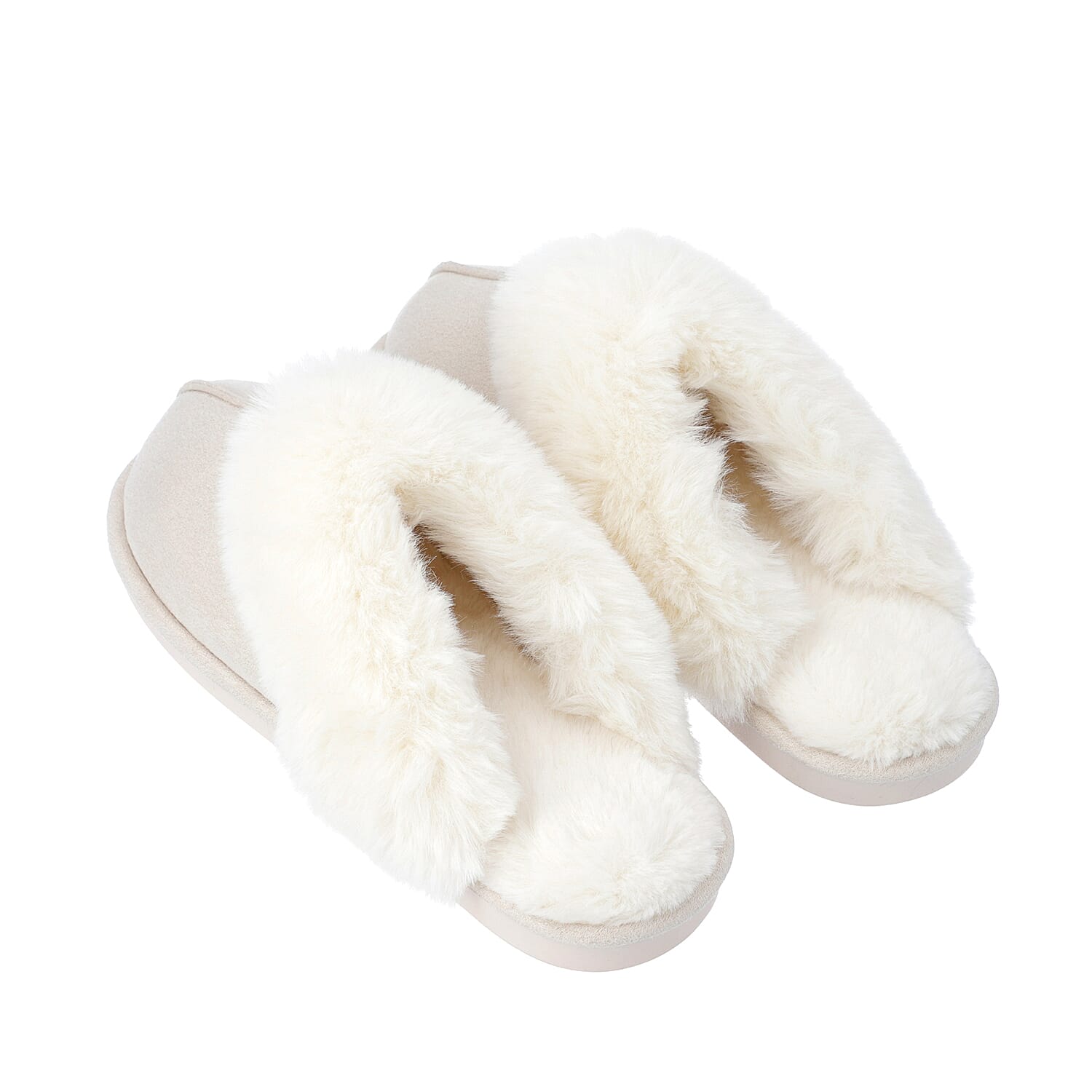Super Soft Suede Home Slippers with Faux Fur (Size M: 5-6) - Ivory