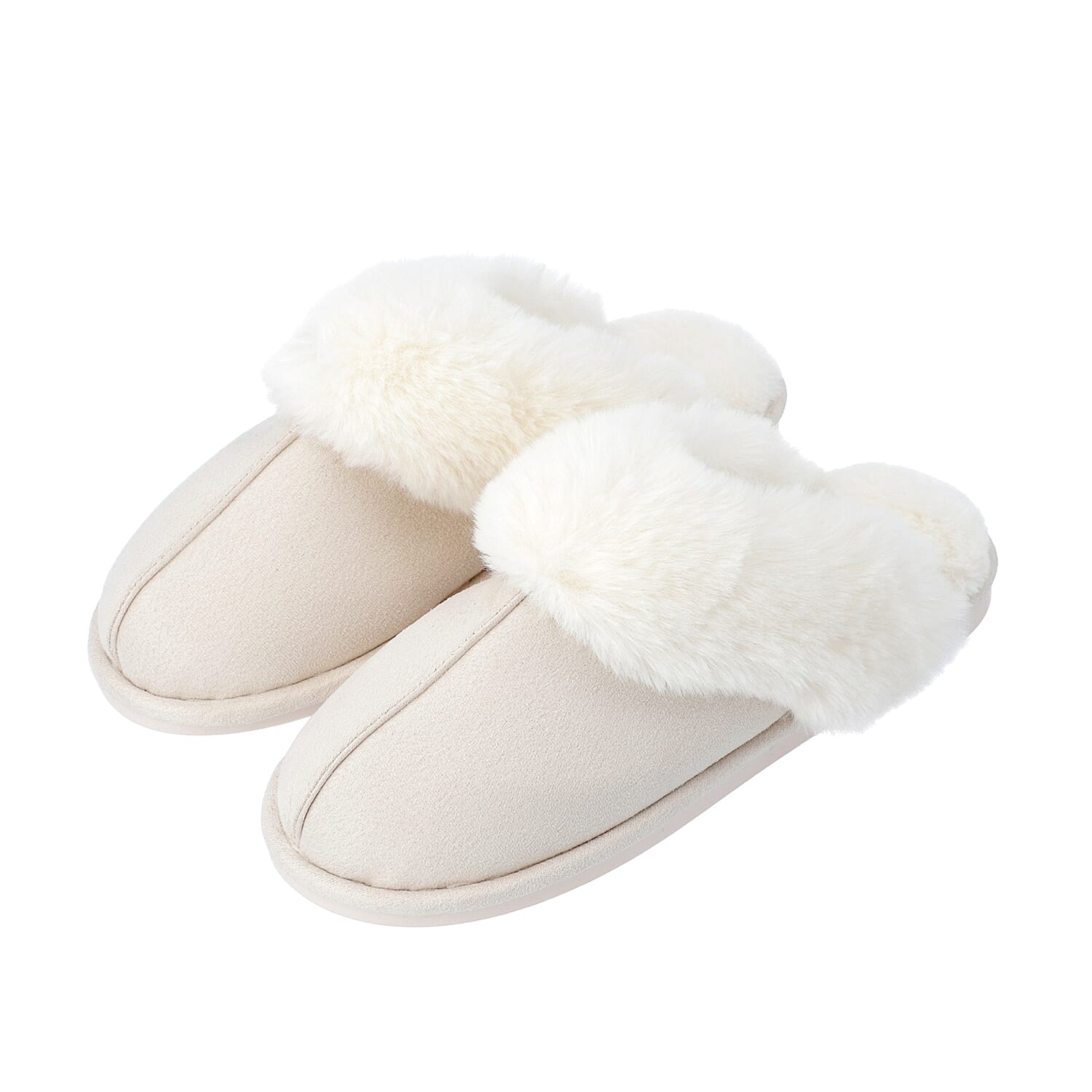Super Soft Suede Home Slippers with Faux Fur (Size L: 7-8) - Ivory