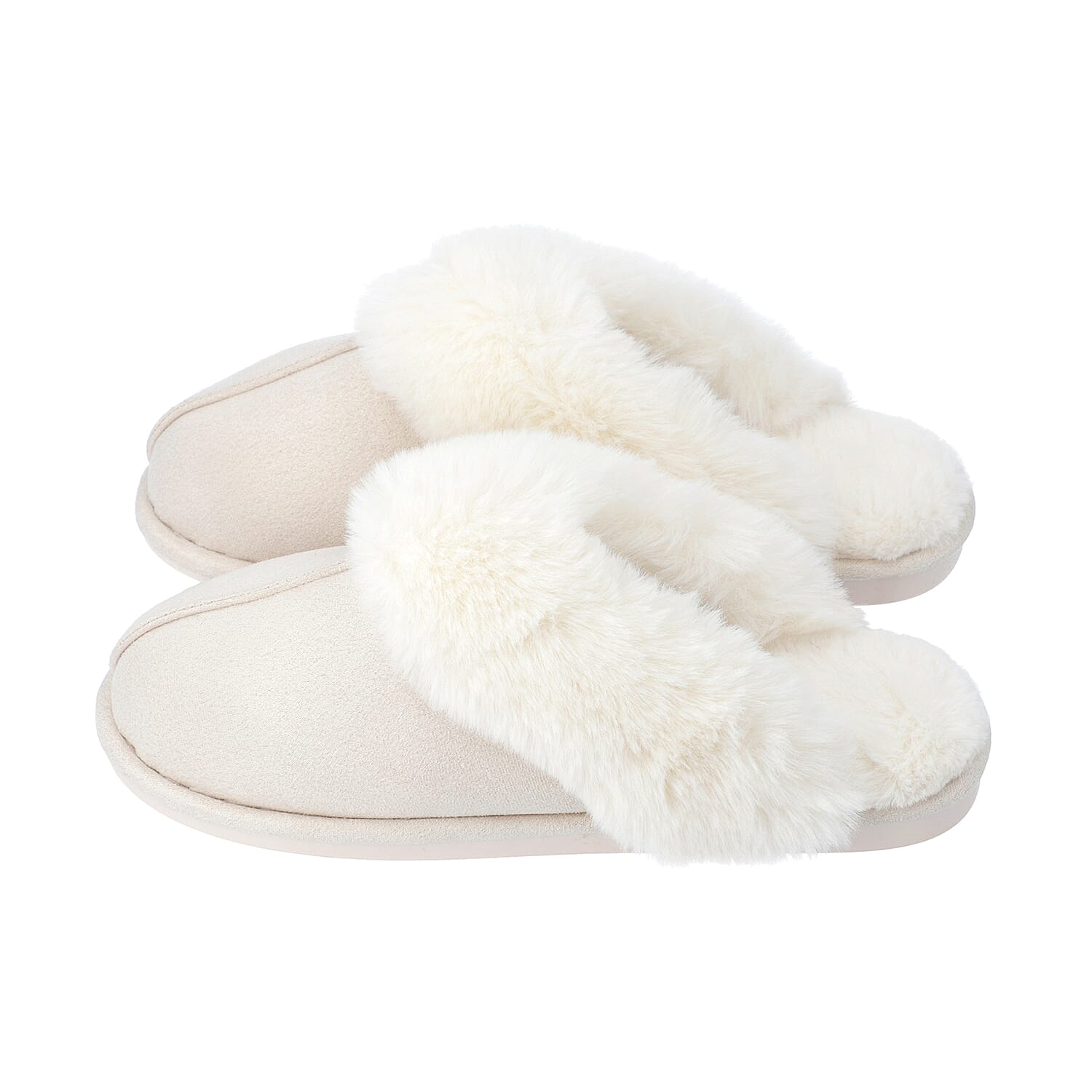 Super Soft Suede Home Slippers with Faux Fur (Size L: 7-8) - Ivory