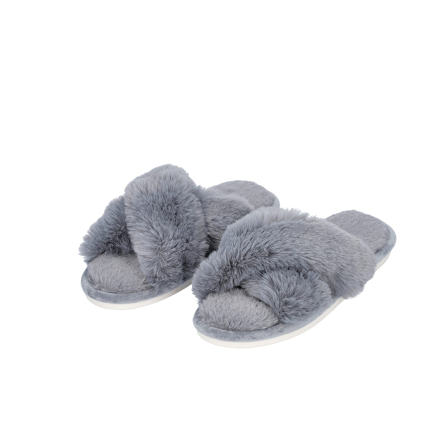 Super Soft Faux Fur Cross Band Slippers - Grey
