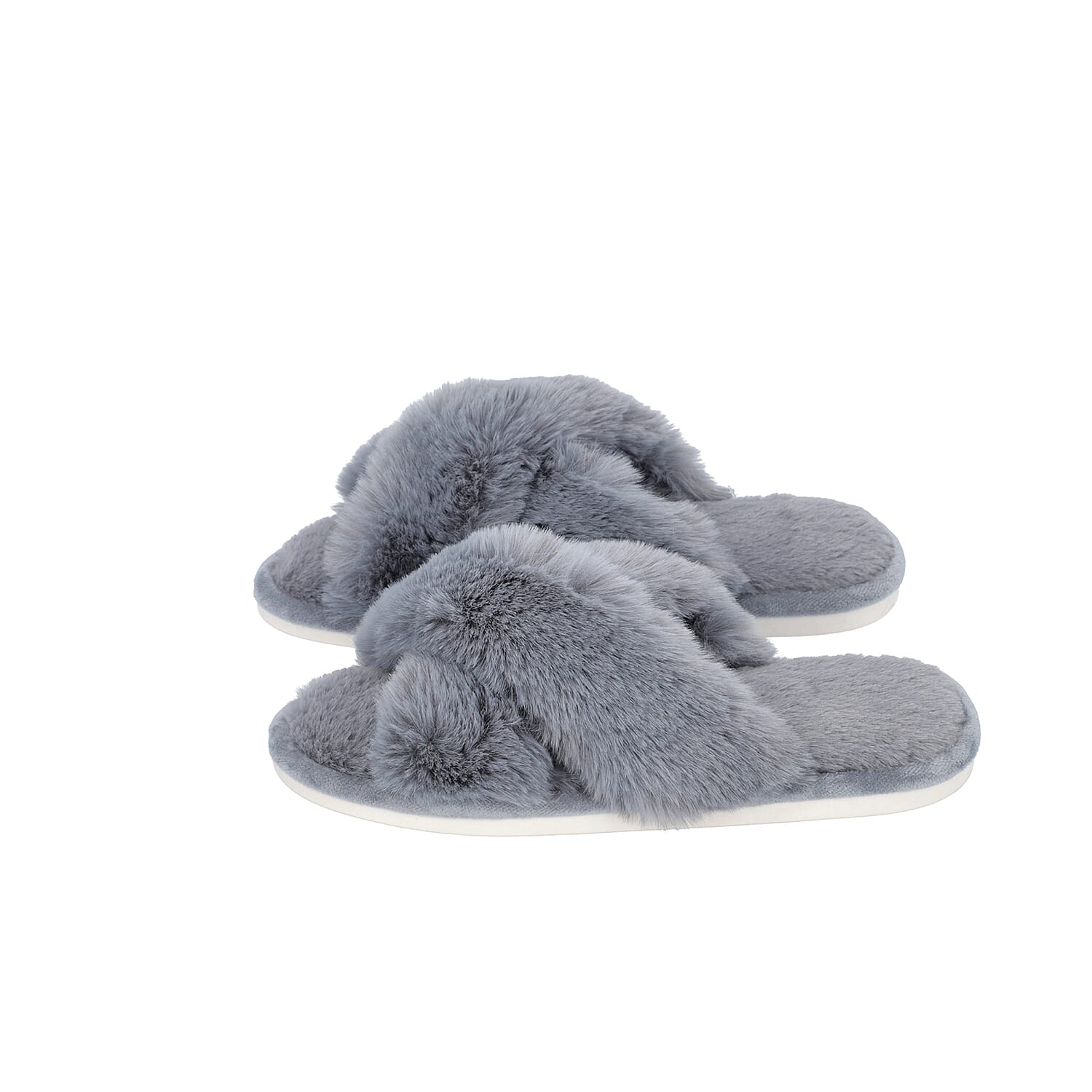 Super Soft Faux Fur Cross Band Slippers - Grey