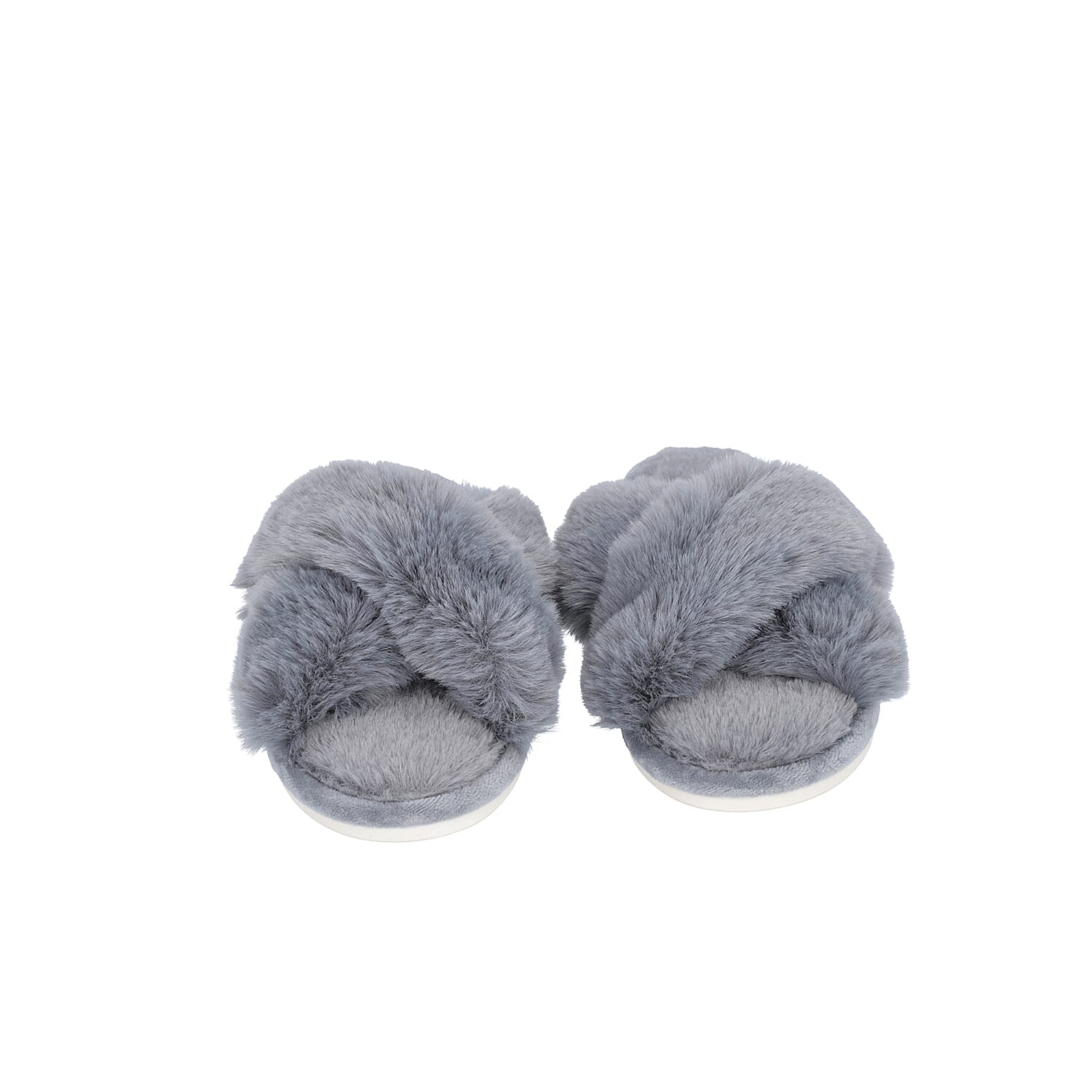Super Soft Faux Fur Cross Band Slippers - Grey