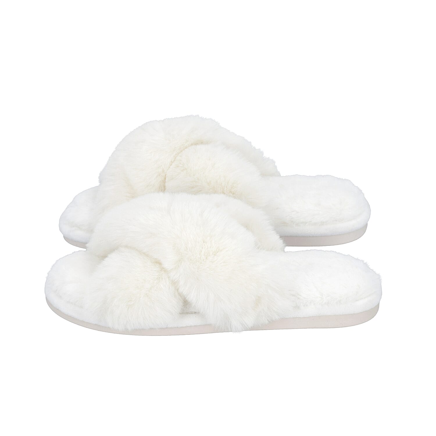 Super Soft Faux Fur Cross Band Slippers - Ivory