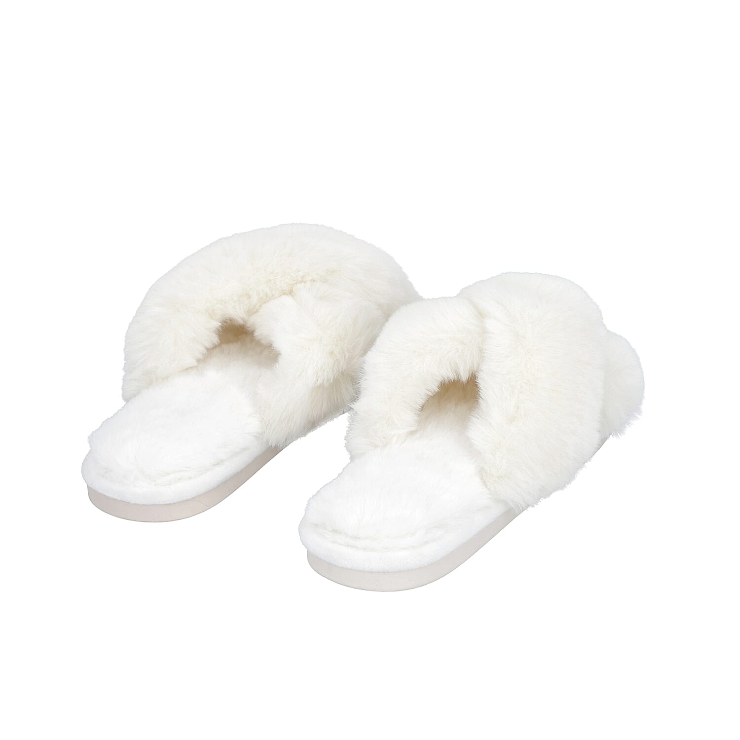 Super Soft Faux Fur Cross Band Slippers - Ivory