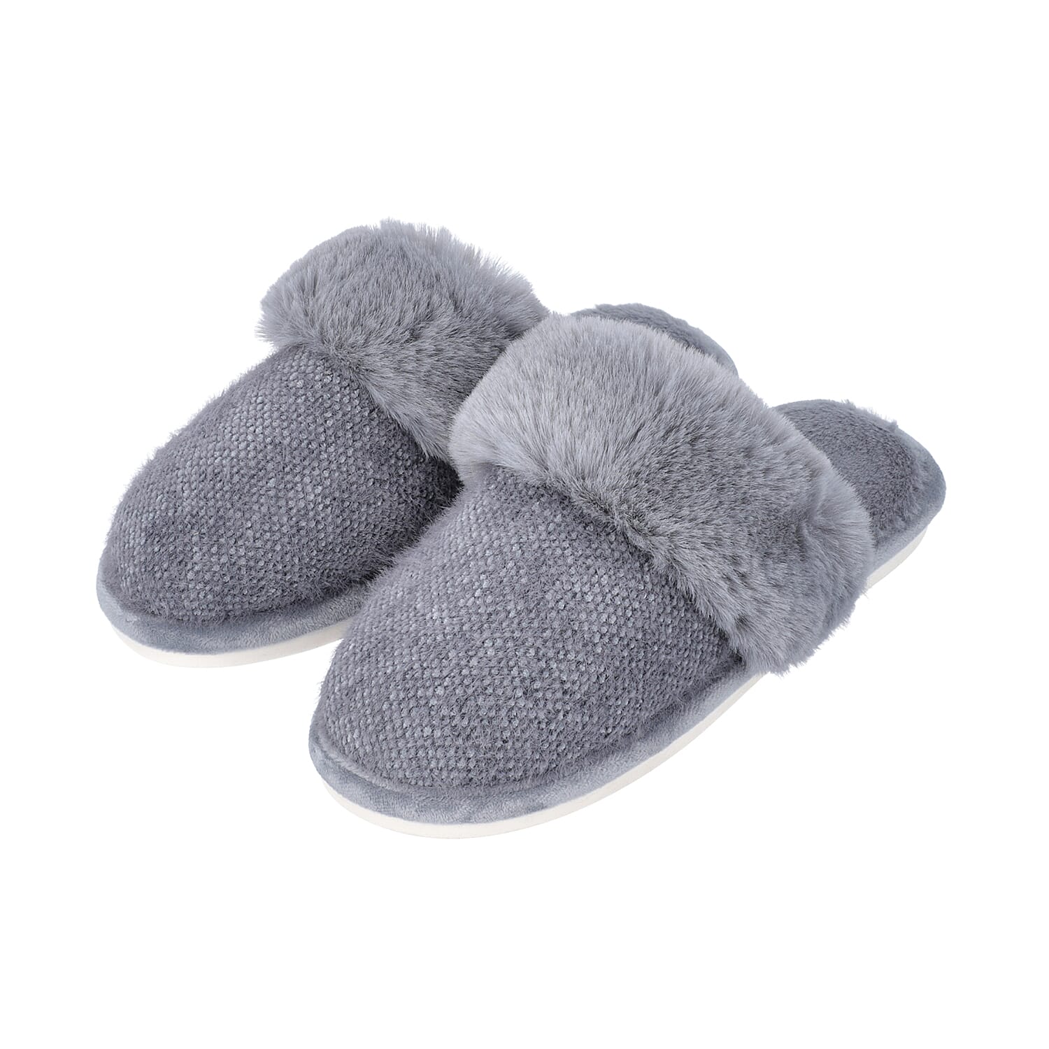Knitted Chenille Slippers with Faux Fur (Size M: 5-6) - Grey