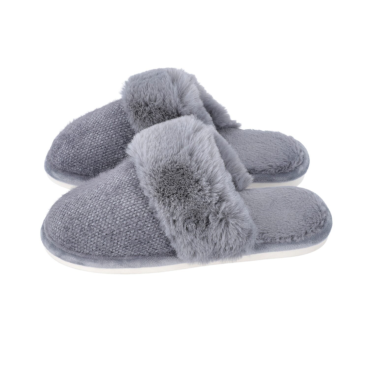 Knitted Chenille Slippers with Faux Fur (Size M: 5-6) - Grey