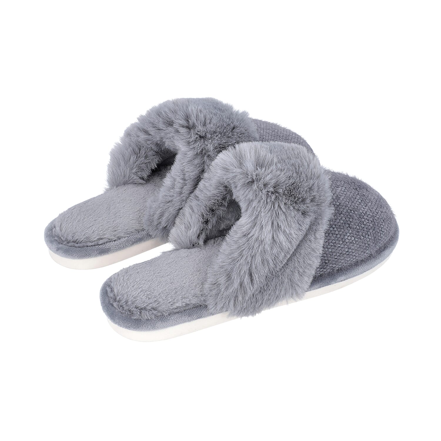 Knitted Chenille Slippers with Faux Fur (Size M: 5-6) - Grey