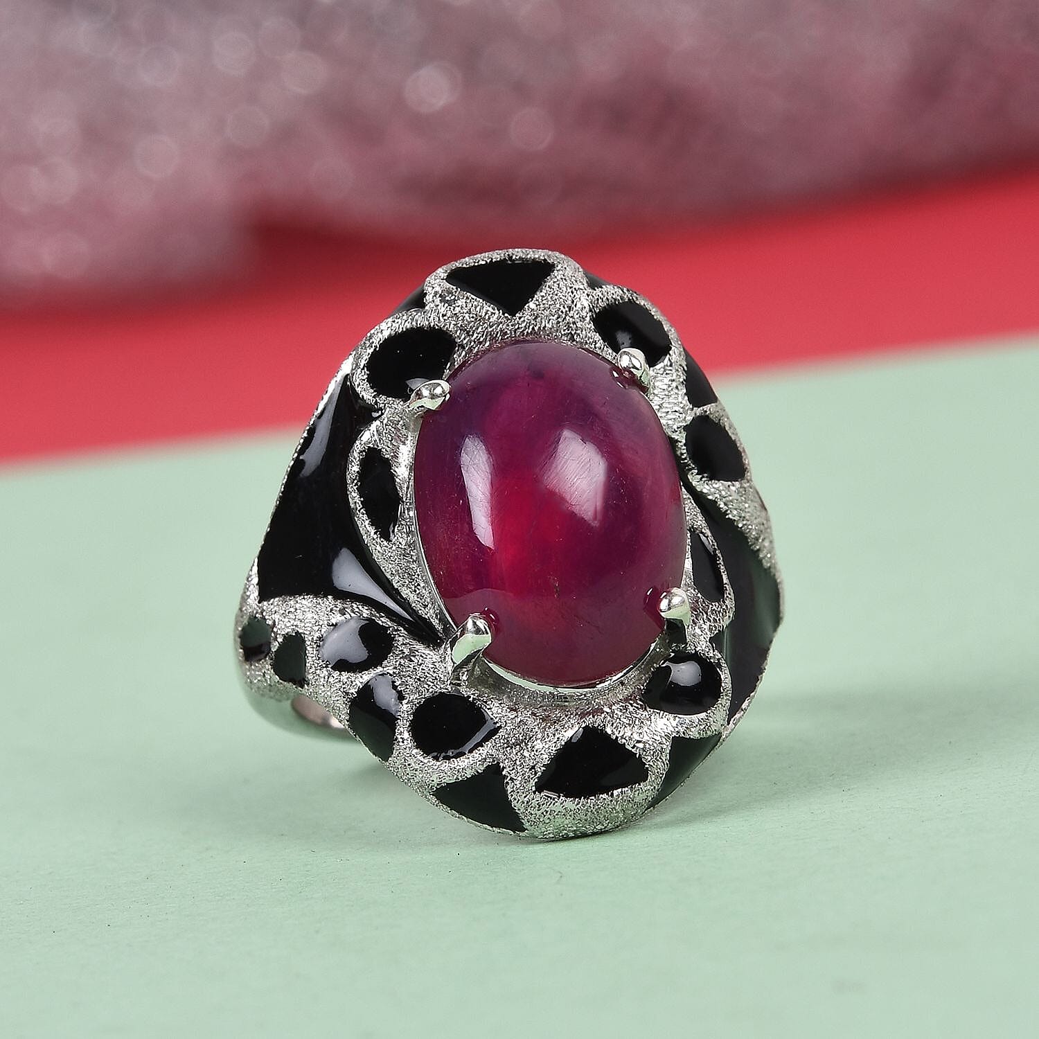 GP African Ruby (FF) and Blue Sapphire Enamelled Ring in Platinum Plated Sterling Silver
