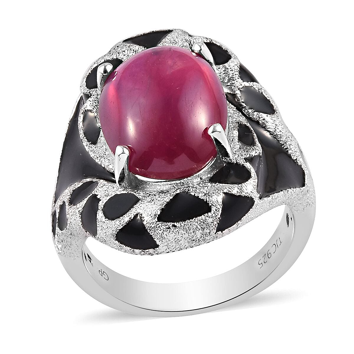 GP African Ruby (FF) and Blue Sapphire Enamelled Ring in Platinum Plated Sterling Silver