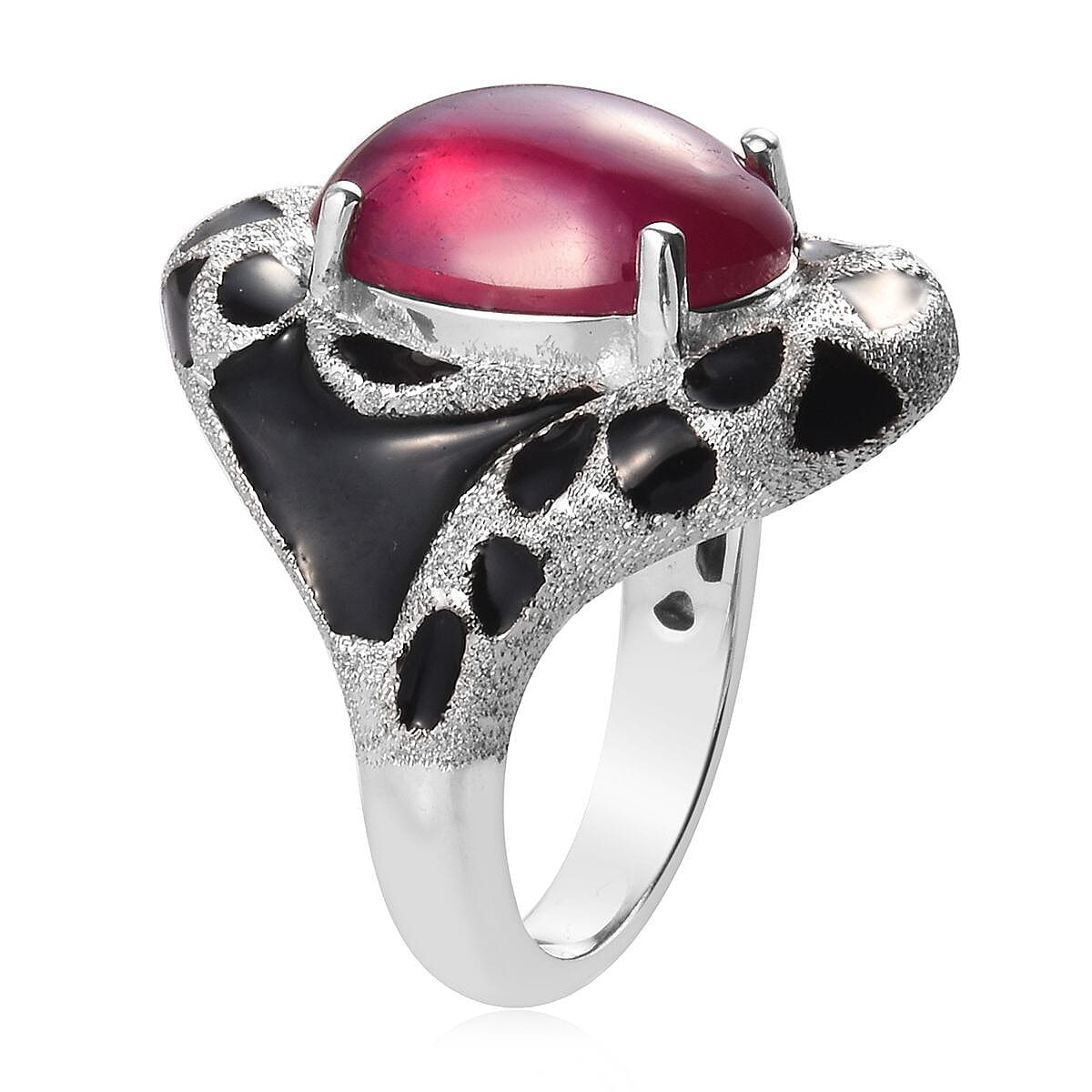 GP African Ruby (FF) and Blue Sapphire Enamelled Ring in Platinum Plated Sterling Silver