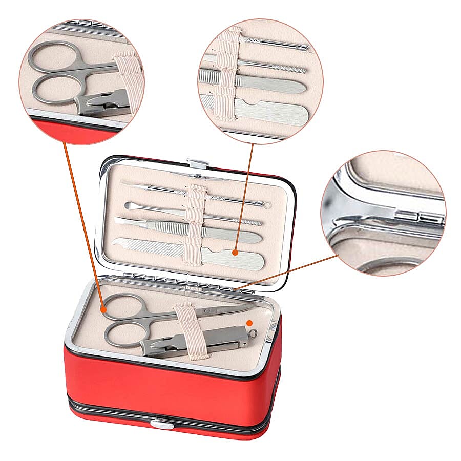2 in 1 - Six Piece Manicure Set and Travel Jewellery Organiser with Inside Mirror (Size 11.7x7.5x6.5cm) - Red
