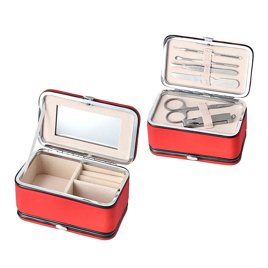 2 in 1 - Six Piece Manicure Set and Travel Jewellery Organiser with Inside Mirror (Size 11.7x7.5x6.5cm) - Red