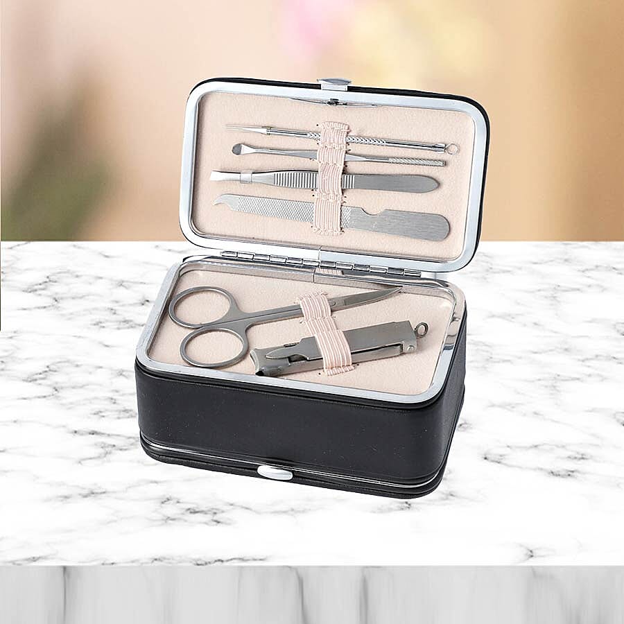 2 in 1 - Six Piece Manicure Set and Travel Jewellery Organiser with Inside Mirror (Size 11.7x7.5x6.5cm) - Black